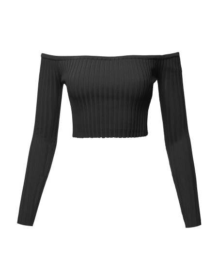 Women's Casual Sexy Cute Long Sleeve Off Shoulder Rib Crop Top