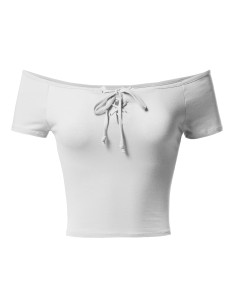 Women's Solid Cap Sleeves Front Lace Up Detail Crop Top