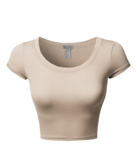 Women's Junior Sized Tight Fit Basic Solid Cap Sleeves Scoop Neck Crop Top