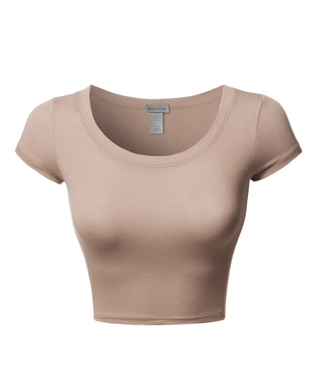 Women's Junior Sized Tight Fit Basic Solid Cap Sleeves Scoop Neck Crop Top