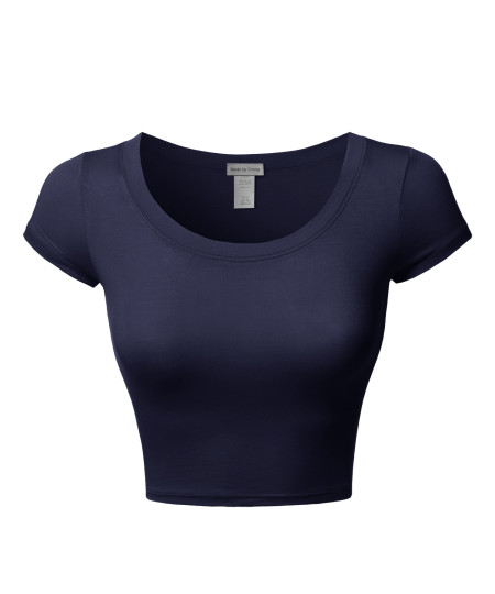 Women's Junior Sized Tight Fit Basic Solid Cap Sleeves Scoop Neck Crop Top