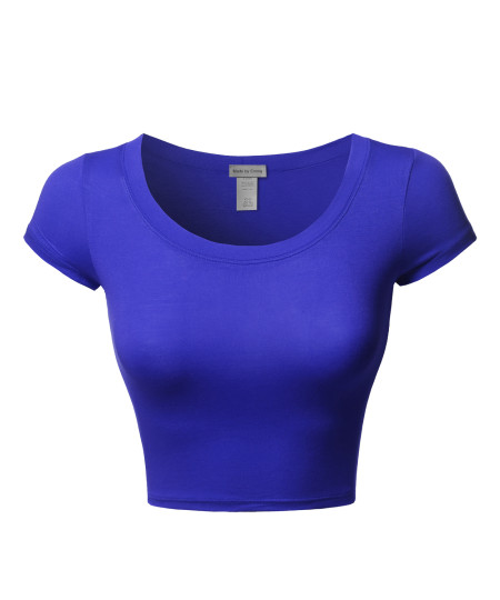 Women's Junior Sized Tight Fit Basic Solid Cap Sleeves Scoop Neck Crop Top