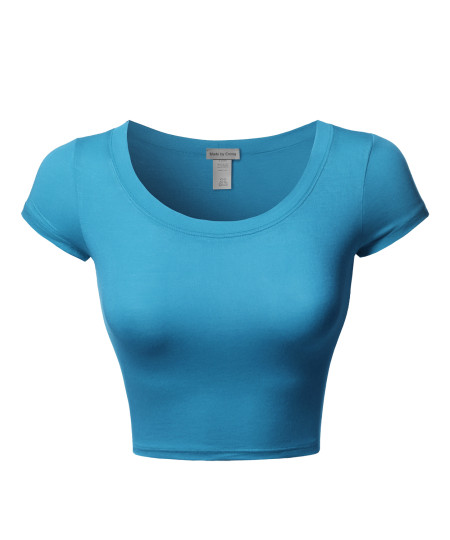 Women's Junior Sized Tight Fit Basic Solid Cap Sleeves Scoop Neck Crop Top