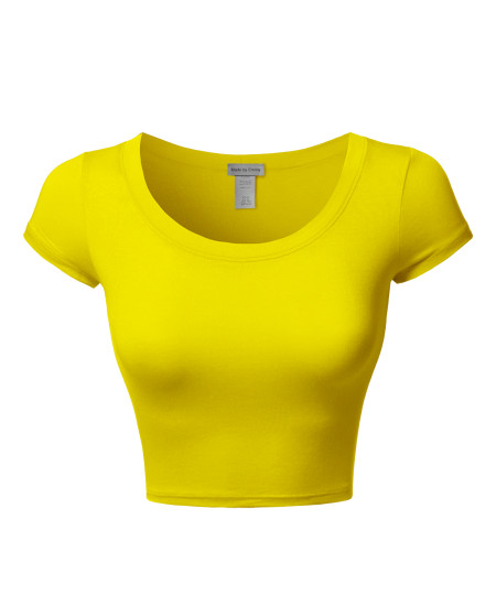 Women's Junior Sized Tight Fit Basic Solid Cap Sleeves Scoop Neck Crop Top