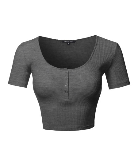 Women's Scoop Neck Button Placket Short Sleeves Ribbed Crop Top