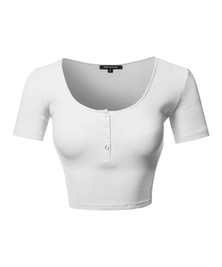 Women's Scoop Neck Button Placket Short Sleeves Ribbed Crop Top