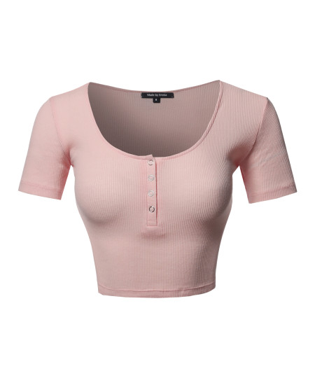 Women's Scoop Neck Button Placket Short Sleeves Ribbed Crop Top