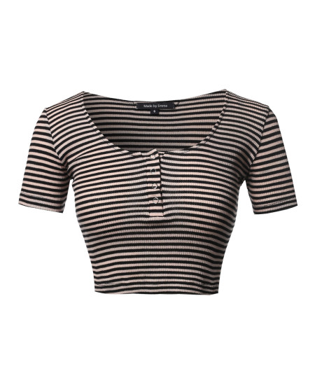 Women's Scoop Neck Button Placket Short Sleeves Stripe Ribbed Crop Top