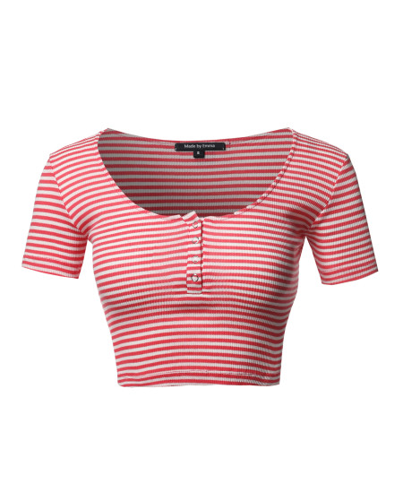 Women's Scoop Neck Button Placket Short Sleeves Stripe Ribbed Crop Top