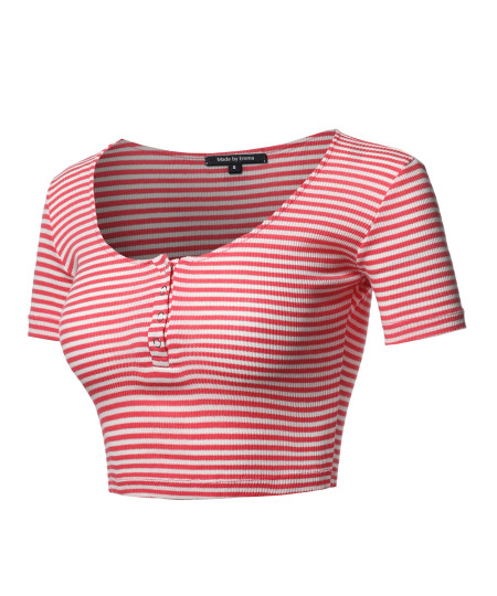 Women's Scoop Neck Button Placket Short Sleeves Stripe Ribbed Crop Top