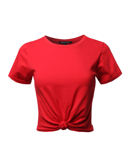 Women's Causal Solid Loose Roll Up Short Sleeve Knot Front Crop Top Tee T-Shirt