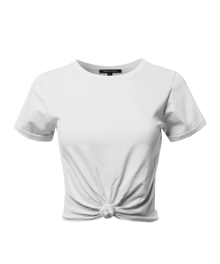 Women's Causal Solid Loose Roll Up Short Sleeve Knot Front Crop Top Tee T-Shirt