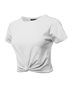 Women's Causal Solid Loose Roll Up Short Sleeve Knot Front Crop Top Tee T-Shirt