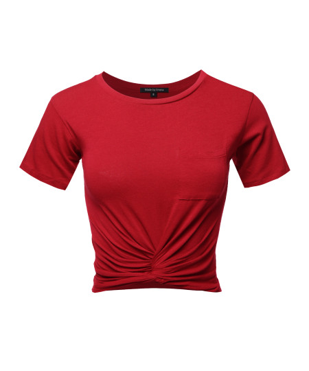 Women's Causal Solid Loose Short Sleeve Front Pocket Knot Front Crop Top Tee T-Shirt