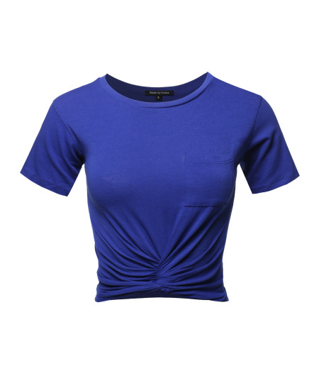 Women's Causal Solid Loose Short Sleeve Front Pocket Knot Front Crop Top Tee T-Shirt
