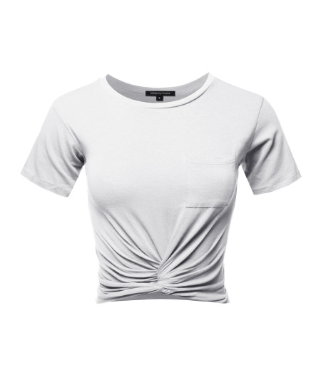 Women's Causal Solid Loose Short Sleeve Front Pocket Knot Front Crop Top Tee T-Shirt