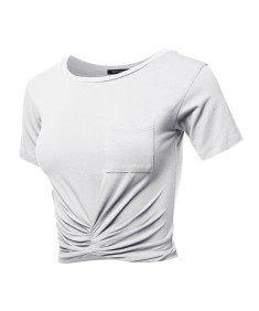 Women's Causal Solid Loose Short Sleeve Front Pocket Knot Front Crop Top Tee T-Shirt