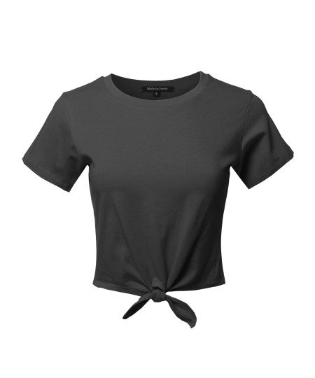 Women's Causal Solid Loose Short Sleeve Self Tie Knot Front Crop Top Tee T-Shirt