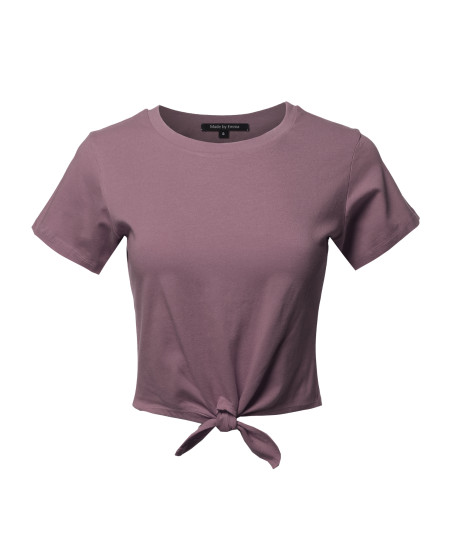 Women's Causal Solid Loose Short Sleeve Self Tie Knot Front Crop Top Tee T-Shirt