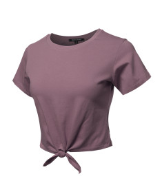 Women's Causal Solid Loose Short Sleeve Self Tie Knot Front Crop Top Tee T-Shirt