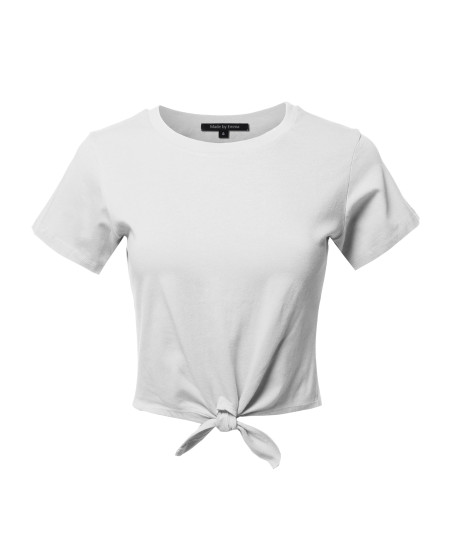 Women's Causal Solid Loose Short Sleeve Self Tie Knot Front Crop Top Tee T-Shirt