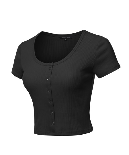 Women's Scoop Neck Button Placket Short Sleeves Ribbed Crop Top