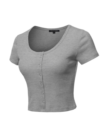 Women's Scoop Neck Button Placket Short Sleeves Ribbed Crop Top