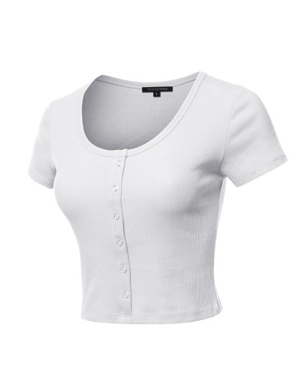 Women's Scoop Neck Button Placket Short Sleeves Ribbed Crop Top
