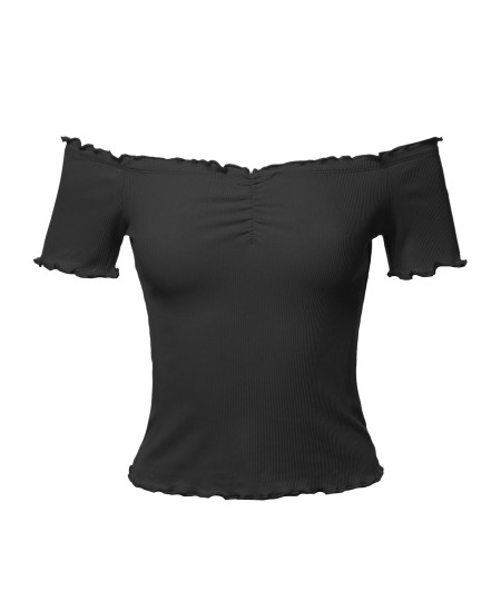 Women's Sexy Solid Short Sleeve Off Shoulder Ribbed Crop Top