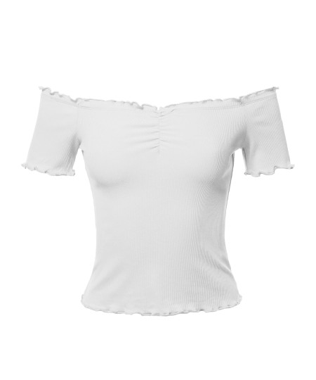 Women's Sexy Solid Short Sleeve Off Shoulder Ribbed Crop Top