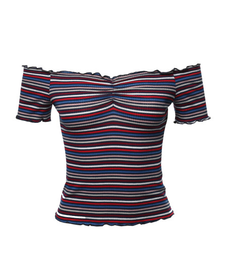 Women's Sexy Stripe Short Sleeve Off Shoulder Ribbed Crop Top