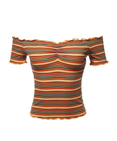 Women's Sexy Stripe Short Sleeve Off Shoulder Ribbed Crop Top