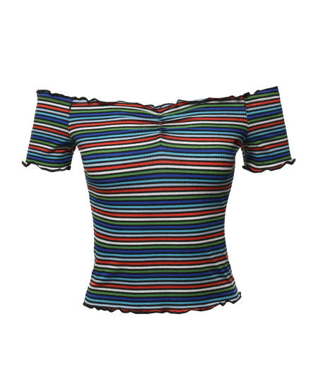 Women's Sexy Stripe Short Sleeve Off Shoulder Ribbed Crop Top