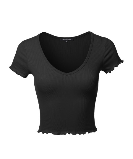 Women's Basic Solid V neck Merrow Edge Crop Tank Top