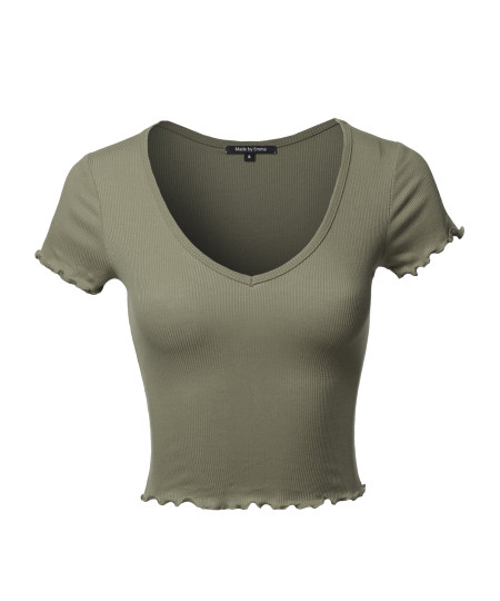 Women's Basic Solid V neck Merrow Edge Crop Tank Top