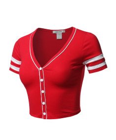 Women's Short Sleeve V neck Baseball Varsity Stripe Crop Top Tee
