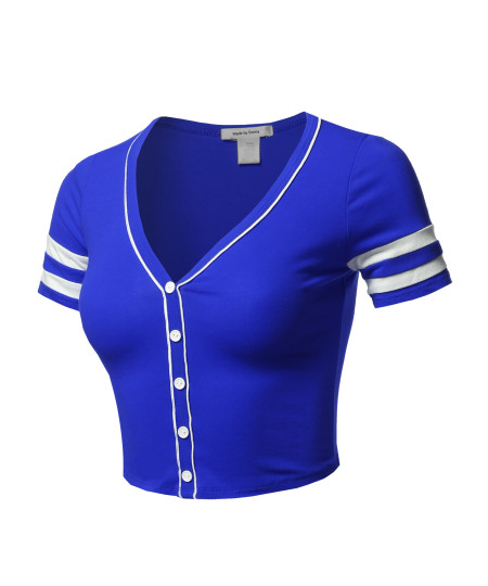Women's Short Sleeve V neck Baseball Varsity Stripe Crop Top Tee