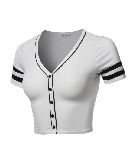 Women's Short Sleeve V neck Baseball Varsity Stripe Crop Top Tee