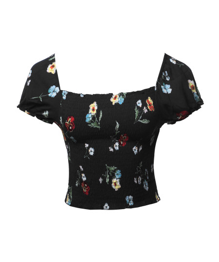 Women's Floral Print Square Neck Peasant Sleeve Crop Top