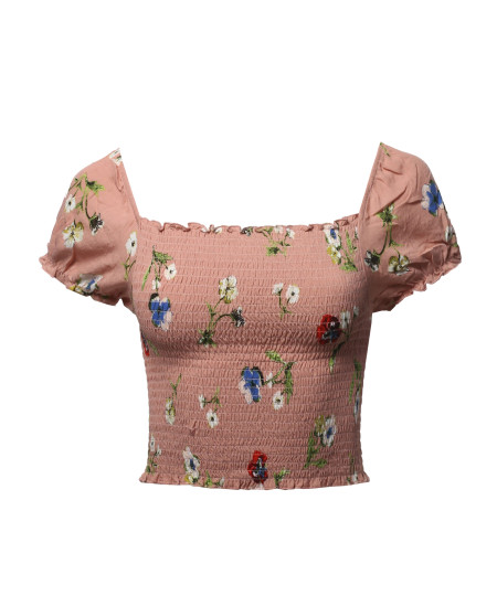 Women's Floral Print Square Neck Peasant Sleeve Crop Top
