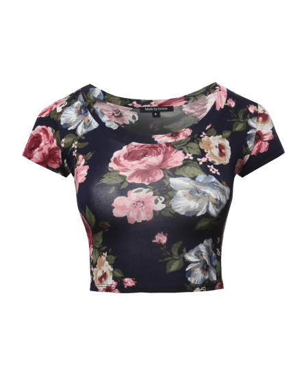 Women's Print Short Sleeve Round-Neck Crop Top