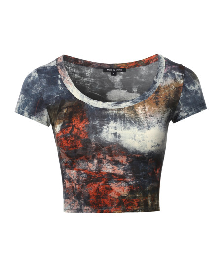 Women's Print Short Sleeve Round-Neck Crop Top