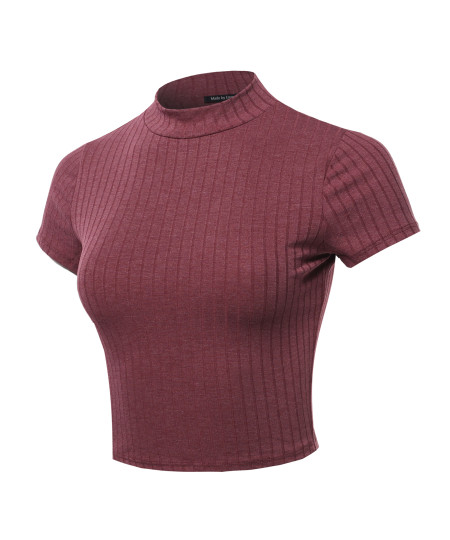 Women's Casual Ribbed Mock Neck Short Sleeve Top