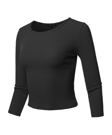 Women's Casual Sexy Cute Solid 3/4 sleeve Rib Cotton Spandex Knit Crop Top