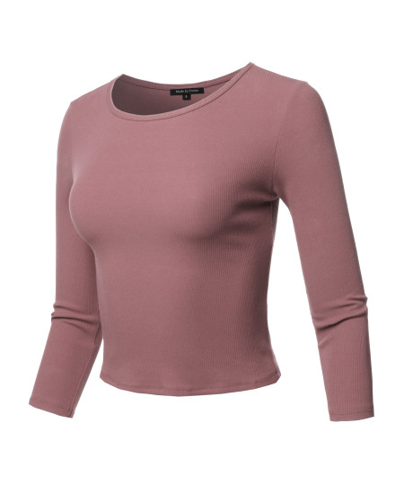 Women's Casual Sexy Cute Solid 3/4 sleeve Rib Cotton Spandex Knit Crop Top
