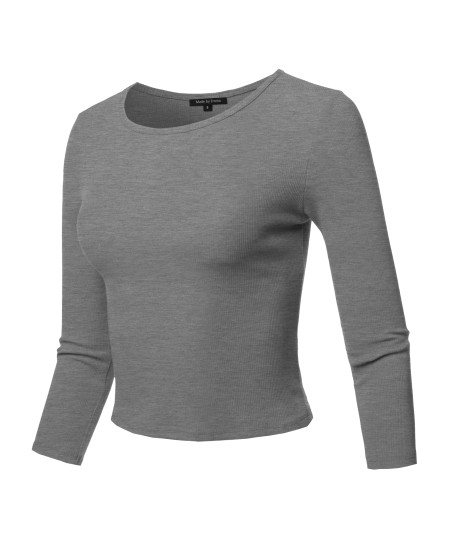 Women's Casual Sexy Cute Solid 3/4 sleeve Rib Cotton Spandex Knit Crop Top