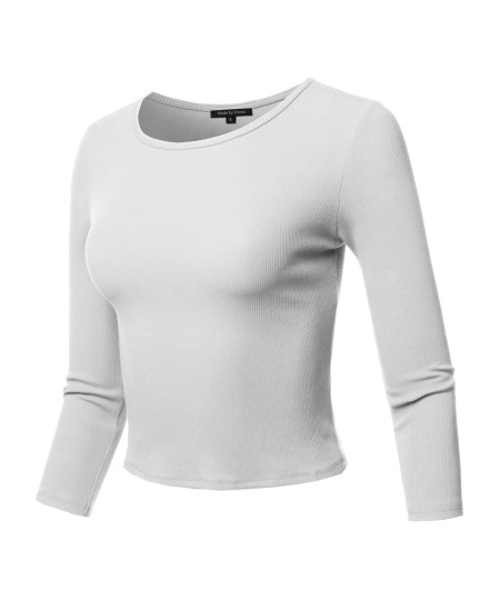Women's Casual Sexy Cute Solid 3/4 sleeve Rib Cotton Spandex Knit Crop Top