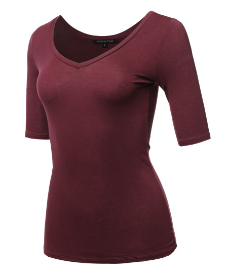 Women's Casual Comfortable Soft Stretch Solid 3/4 sleeve V-Neck Top