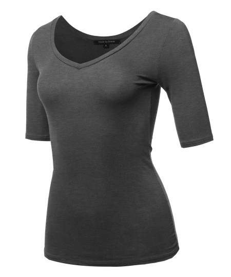 Women's Casual Comfortable Soft Stretch Solid 3/4 sleeve V-Neck Top