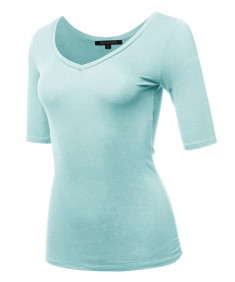 Women's Casual Comfortable Soft Stretch Solid 3/4 sleeve V-Neck Top